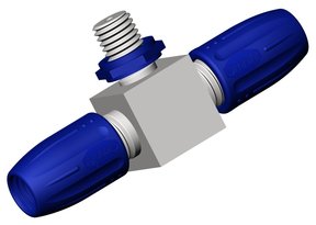 2-way adapter for 0.5 - 4mm OD tubing, 1 x 1/4"- 28 UNF male to 2 x 1/4"-28 UNF female, 1.5mm bore