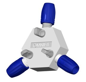 3-way valve for 0.5 - 4mm OD tubing, 3 x 1/4"-28 UNF female, 1.5mm bore