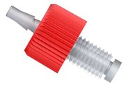 Barb adapter, Click-N-Seal®, PC, red, 1/4"-28 UNF male to 1/8", pack of 10