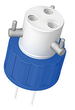 Q-series bottle cap for plastic bottles, 38-430, three 1/4"-28 UNF female ports with valves
