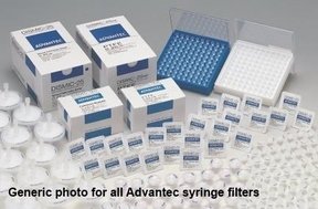 Advantec DISMIC syringe filter, cellulose acetate, 3mm Ø, 0.20µm. For aqueous protein solutions and most alcohols. Pack of 100