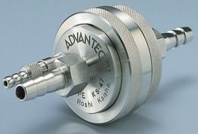 In-line filter holder with venting valve, type KS 47, 304 or 316 stainless steel, PTFE gasket, FPM and silicon O-rings, inlet and outlet 1/4" NPTM to 9.5mm barb