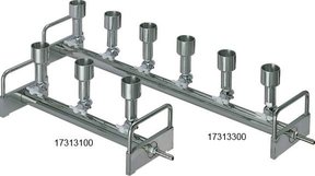 3-Station Absaugleiste Typ KM3N, 304 Edelstahl. 2-Wege Ventil mit PTFE-Hahn in verchromtem Messing-Korpus pro Station. Geeignet für #8 und #8b Stöpsel, Barb-Verbinder für 11mm ID Schlauch