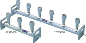 3-station manifold type KMP 3, PVC. 2-way valve with PTFE stopcock per station. Suitable for #8 and #8b stoppers, barb connector for 11mm ID tubing. Max. temp. 60 °C - not autoclavable