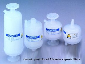 Capsule filter, CCF, hydrophobic PTFE, membrane type medium, filtration area 1150cm², pore size 0.10µm, inlet and outlet 1/2" NPTM. Use serially as prefilter and final filter; for corrosive fluids and gases; for alkalis and acids; solvent filtration; air venting