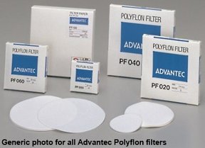 Polyflon filter, hydrophobic PTFE, 47mm Ø, pore size 2.0µm, white, max. temp. 260 °C. Filtration of hot acids; separation of aqueous and non-aqueous phases; venting air and gases. Pack of 10