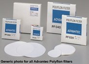 Polyflon filter, hydrophobic PTFE, 125mm Ø, pore size 2.0µm, white, max. temp. 260 °C. Filtration of hot acids; separation of aqueous and non-aqueous phases; venting air and gases. Pack of 5