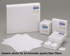 Quartz fiber filter, grade QR-200, 47mm Ø, 200g/m², 1.0mm thick. Inorganic binder, max. temp. 1000 °C. Excellent chemical resistance, biologically inert. Air pollution analysis; sample acidic gases at over 500 °C. Pack of 50