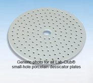 Dessicator plate, porcelain, without feet, numerous 5mm Ø holes, centre hole 23mm Ø, 140mm OD