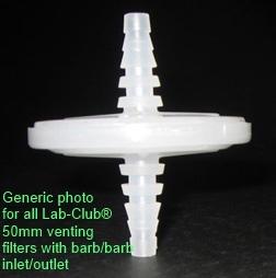 Syringe filter (venting filter), hydrophobic PTFE, 50mm Ø, 0.22µm, inlet/outlet barb/barb. Pack of 20