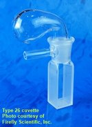 Short anaerobic absorption cuvette with glass pouch for catching excess gas, UV quartz, lightpath 2 mm